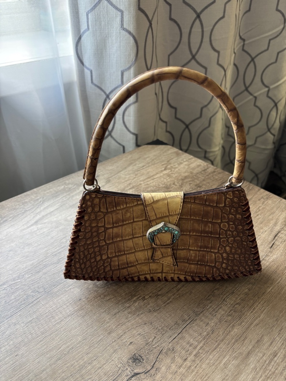 Donald J. Pliner Brown Croc-Embossed Top-Handle Bag with Turquoise Buckle